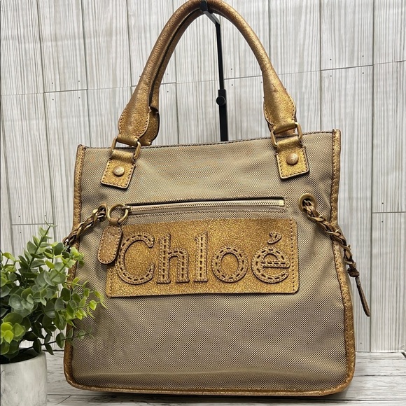Chloe Handbags - Chloé Gold Metallic Tote Bag Large Logo Shoulder Bag Designer Handbag